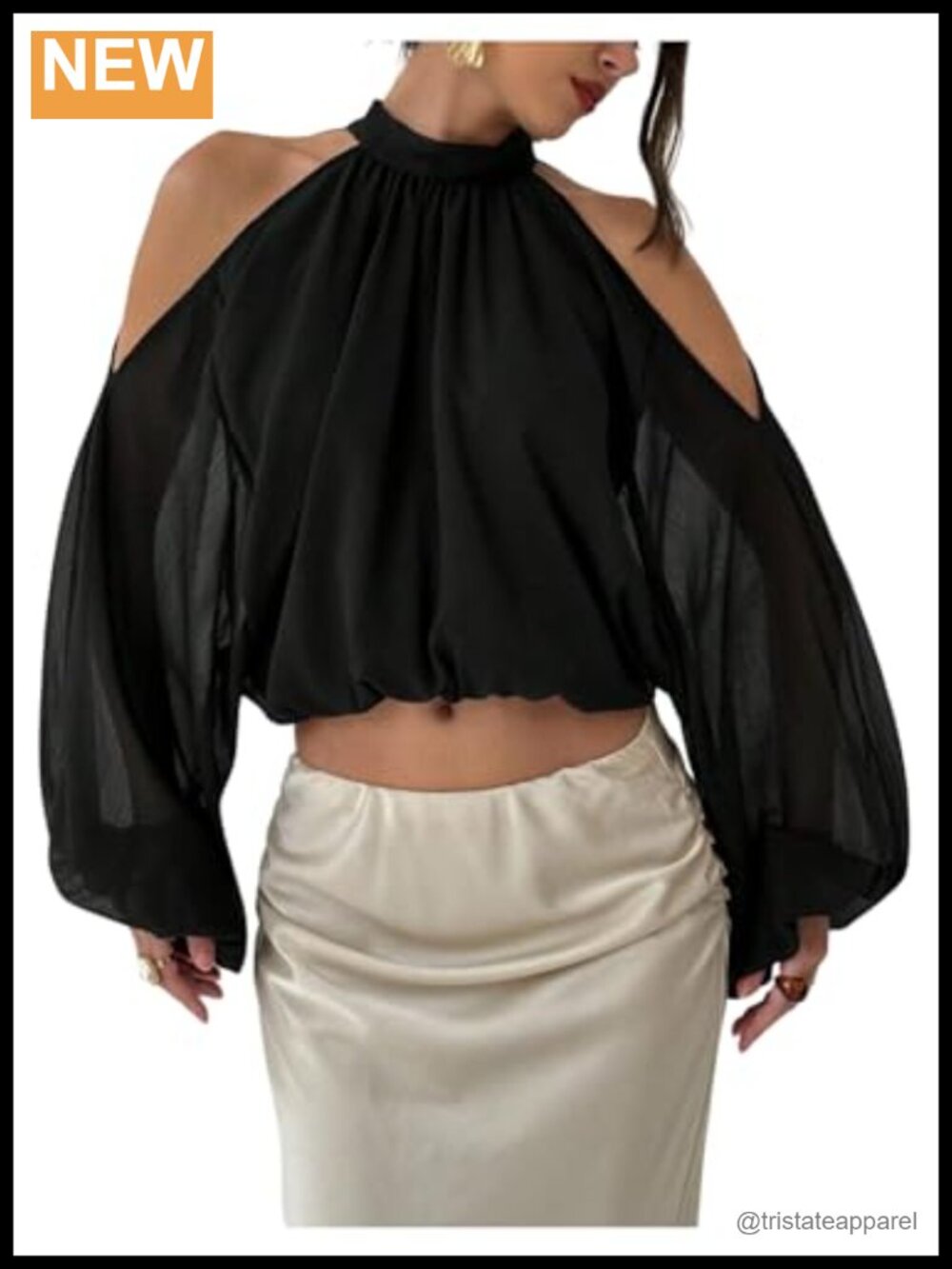 Cold Shoulder Long Sleeve Halter Top with Lantern Sleeves